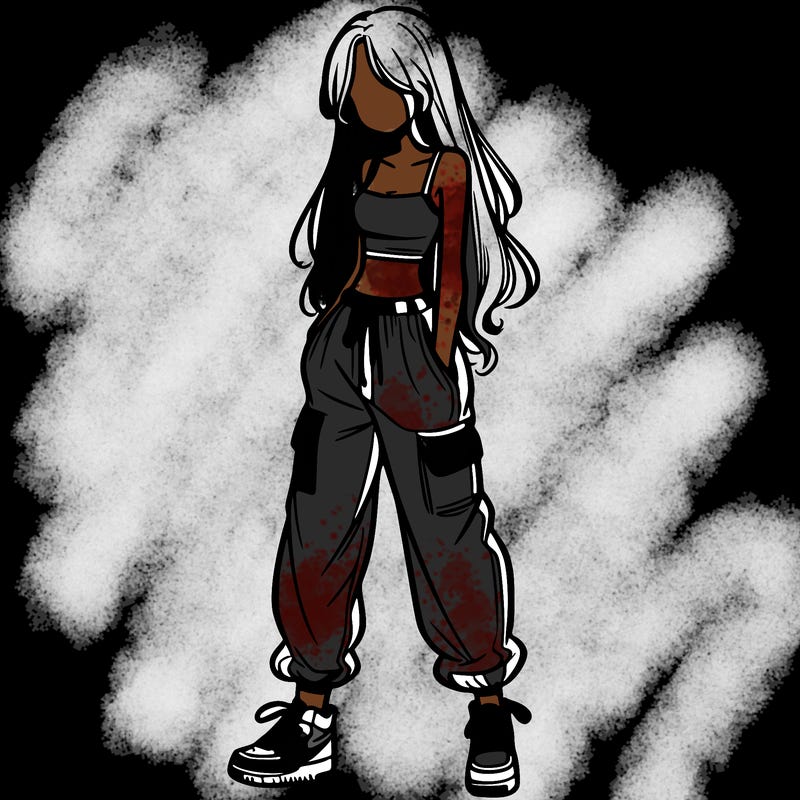 girl in baggy pants crop top and long hair