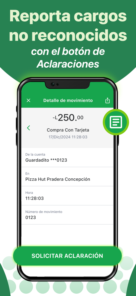 Banco Azteca Honduras - Una captura de pantalla que muestra cómo reportar cargos no reconocidos en la app de Banco Azteca Honduras.