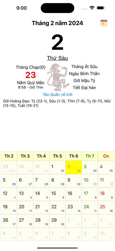 App Am Lich VN che visualizza un calendario lunare vietnamita per febbraio 2024