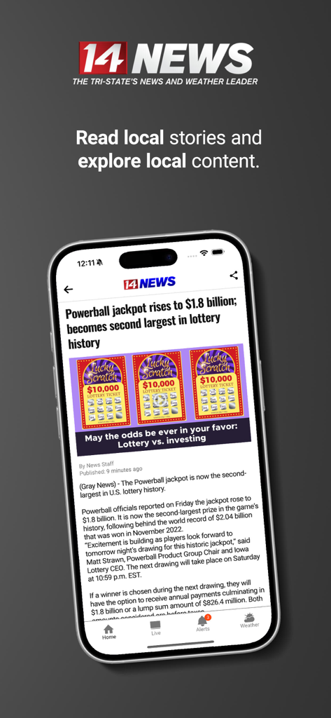 A smartphone screen displaying a local news article about a lottery jackpot on the 14 NEWS WFIE app for the Tri-State area.