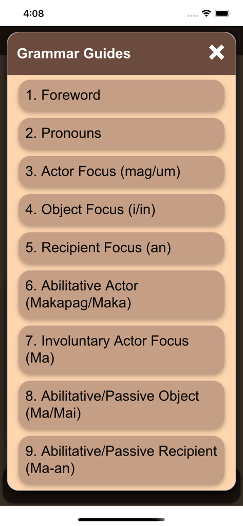 Speak Tagalog (Filipino) - Una lista de temas de gramática tagala en la aplicación Speak Tagalog que incluye pronombres y tipos de enfoque de verbos.