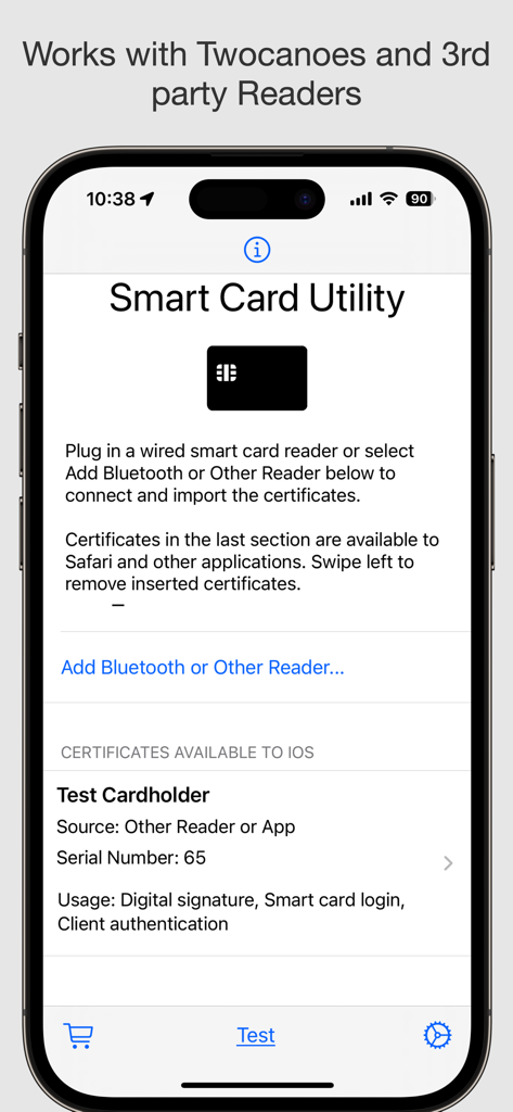 Smart Card Utility app interface on iPhone showing card reader setup and certificate information.