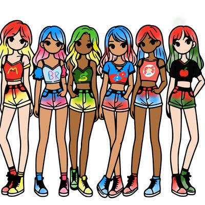 a group of girls wearing crop tops and shorts