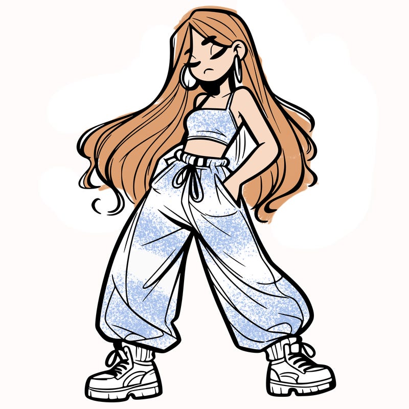 girl in baggy pants crop top and long hair