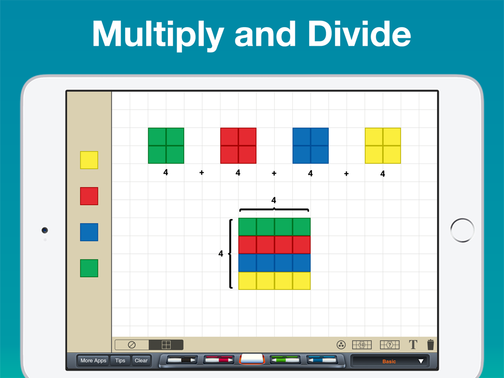 Color Tiles Manipulative - An iPad screen showing a multiplication and division lesson using green red blue and yellow digital tiles on a grid