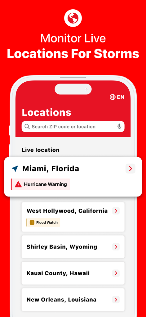 A mobile interface of the Red Cross Emergency app displaying severe weather alerts across multiple saved locations including hurricane and flood warnings.