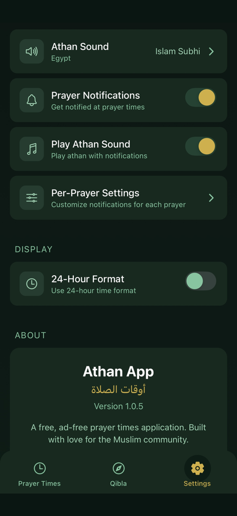 Page des paramètres de l'application Athan montrant les notifications de prière et les options de son.