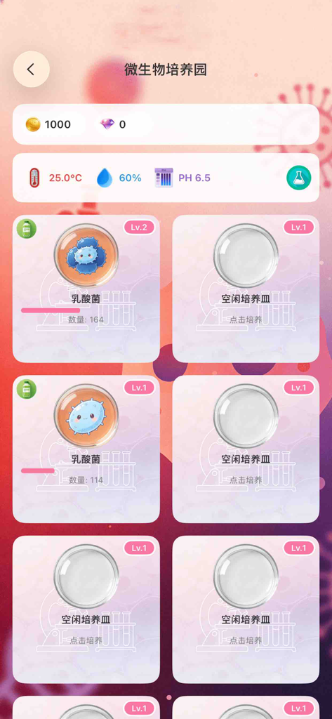 奶奶的小农院-发酵的魔法 - Gameplay interface of Grandma's Little Courtyard showing petri dishes for cultivating lactic acid bacteria with temperature and pH controls