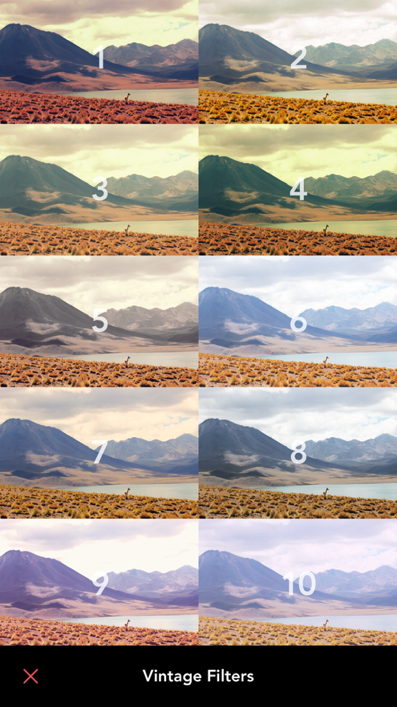 Filters for iPhone and iPad - Una cuadrícula que muestra diez filtros de fotos vintage diferentes aplicados a una escena de montaña paisajística
