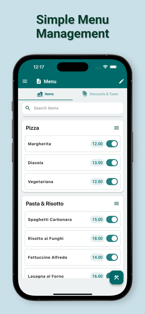 iPhone interface for easy restaurant menu management and item pricing