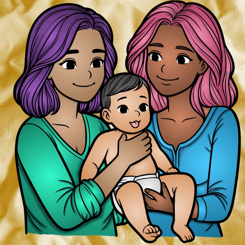 two realistic women holding one baby together