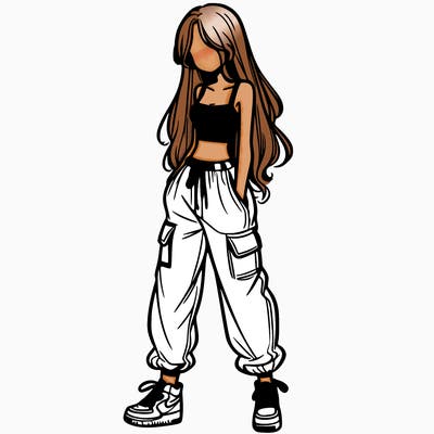 girl in baggy pants crop top and long hair