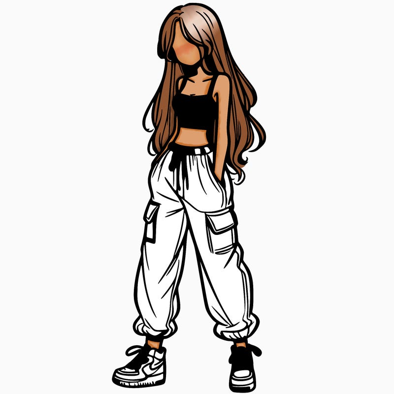 girl in baggy pants crop top and long hair