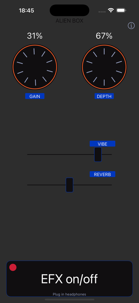 Alien Box - Interfaz de la aplicación de efecto de audio Alien Box con controles de ganancia, profundidad, vibración y reverberación.