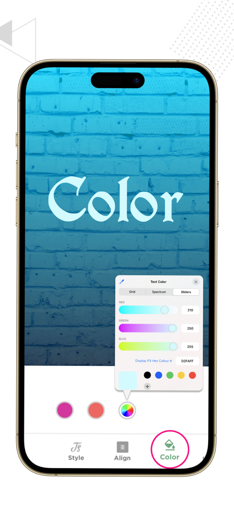 青いレンガの背景のテキストをカスタマイズするためのRGBスライダーとカラーパレットが表示されているTyporamaアプリの色編集画面のスマートフォン画面
