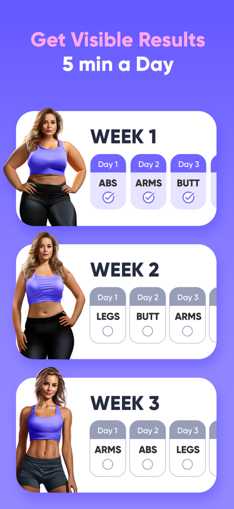 A fitness app screenshot displaying a three-week workout schedule with five-minute daily sessions and a body transformation progress visualization.