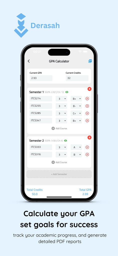 Derasah - Interface do aplicativo Derasah mostrando uma calculadora de GPA com notas de cursos semestrais e progresso acadêmico total