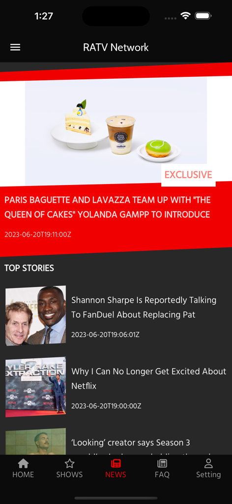 RATV Network - The news feed section of the RATV Network mobile app featuring entertainment and lifestyle top stories