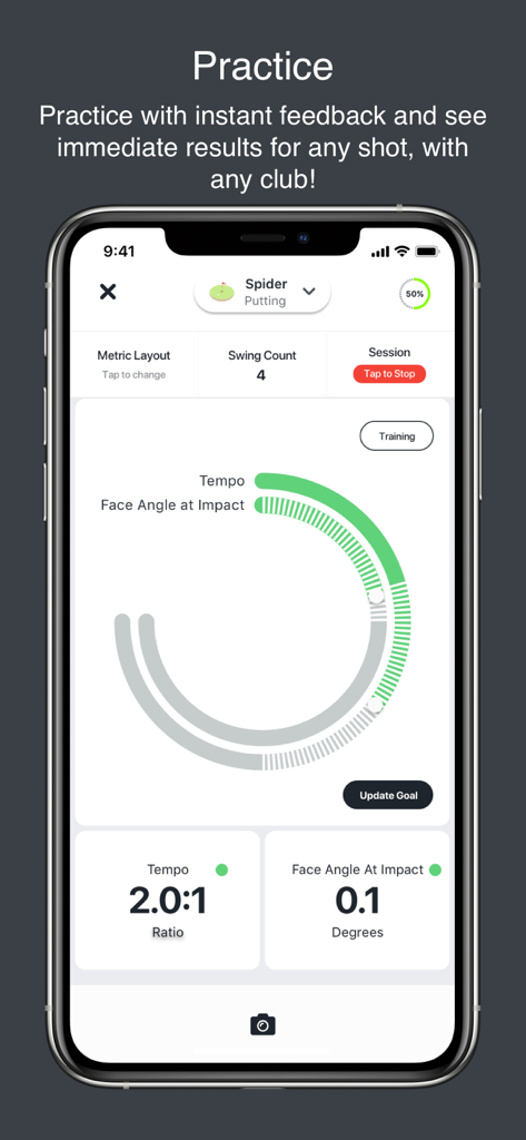 Pantalla de práctica de la aplicación Blast Golf que muestra métricas de tempo y ángulo de cara del putt