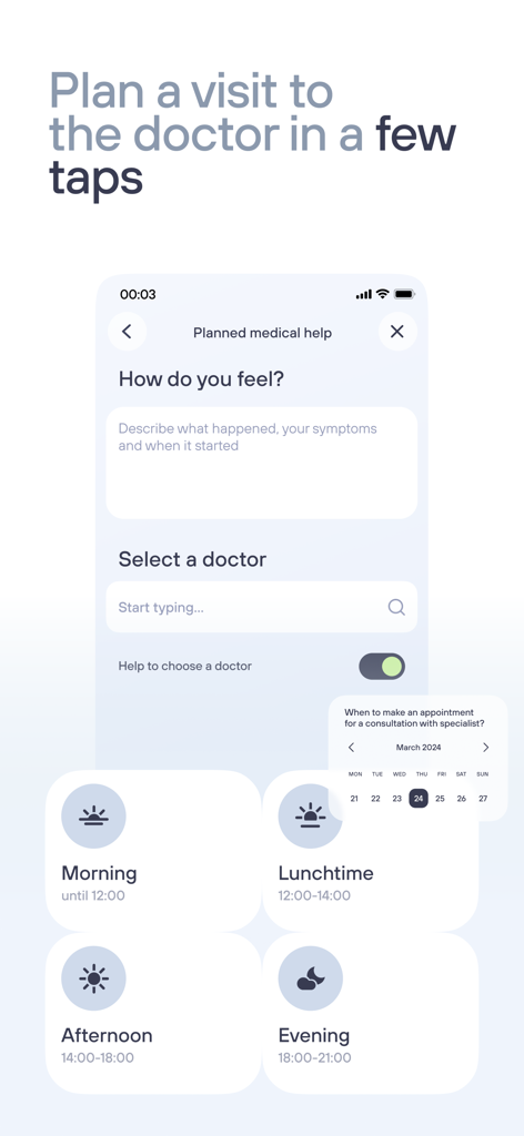 Interfaz de la app Ensuria para programar una visita al médico y elegir la hora de la cita