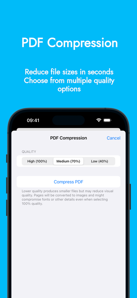 Local PDF - Interfaccia dell'app Local PDF che mostra le opzioni di qualità per la compressione dei file