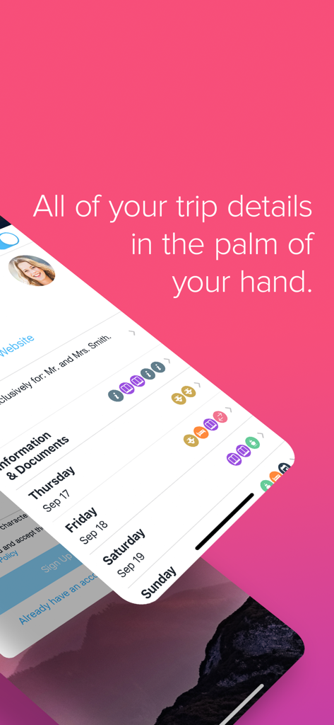 Trip Plans - Trip Plans mobile app screen showing a daily travel itinerary with icons for activities and documents on a pink background.