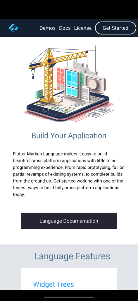 Framework Markup Language - Captura de pantalla que muestra la sección de compilación de tu aplicación con una ilustración de una grúa construyendo una aplicación móvil en la pantalla de un smartphone.