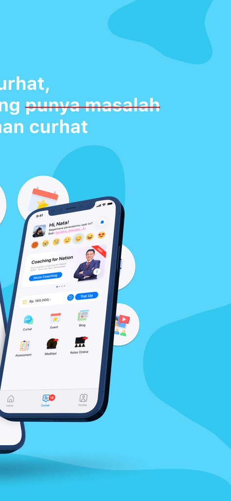 Teman Curhat mobile app home screen showing mood tracking and counseling options