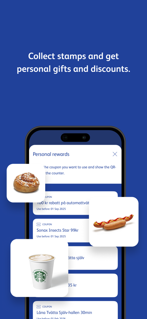 OKQ8 mobile app screen showing personal rewards and coupons for food and coffee
