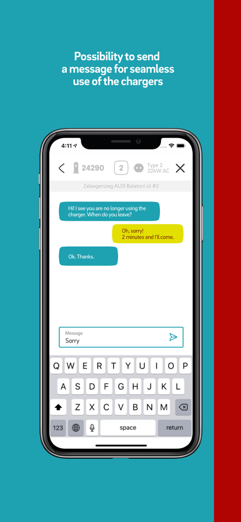 drivE.ON - Hungary - In app chat interface for coordinating electric vehicle charging station usage between drivers