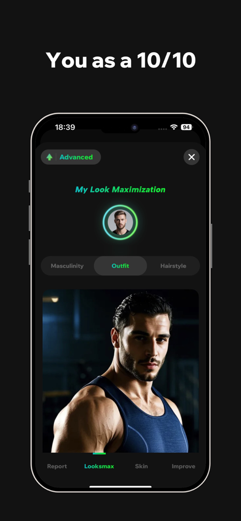 AnimalFace - looksmax ai score - Interface of the AnimalFace app displaying a 10 out of 10 looksmax rating with outfit analysis for a man