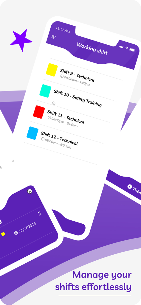 ShiftCal mobile app interface displaying a list of color-coded work shifts with timing and descriptions