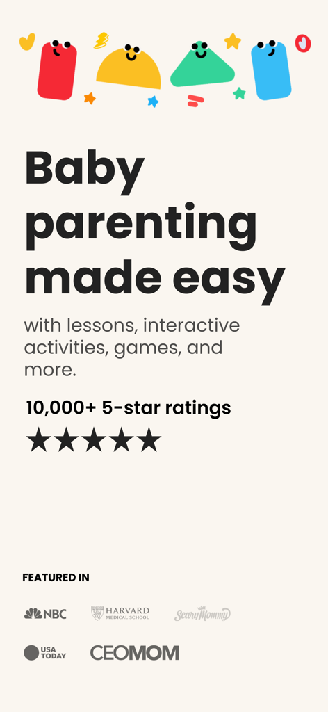 Baby Leap: Milestone Tracker - Baby Leap app promotional screen featuring the text Baby parenting made easy along with 5-star ratings and major media logos