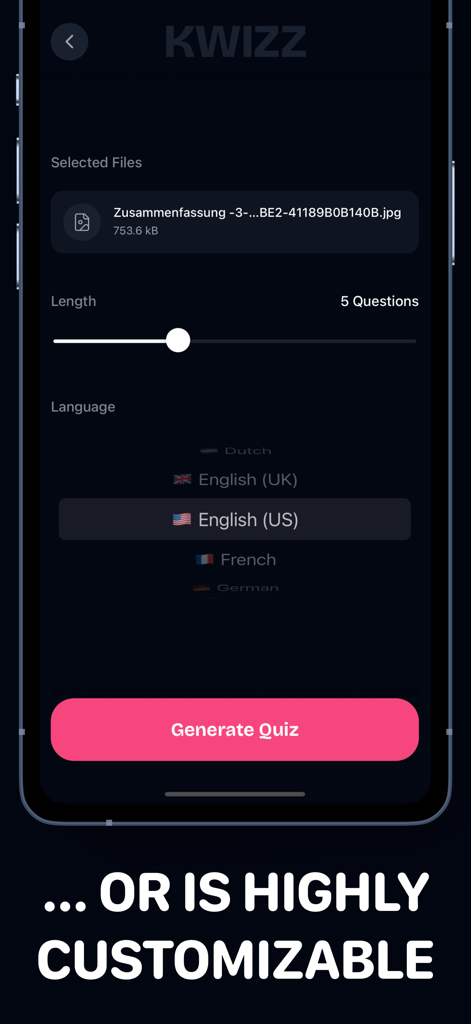 Kwizz: AI Quiz Generator - Mobile Bildschirmansicht mit Quiz-Erstellungseinstellungen für Länge und Sprachauswahl