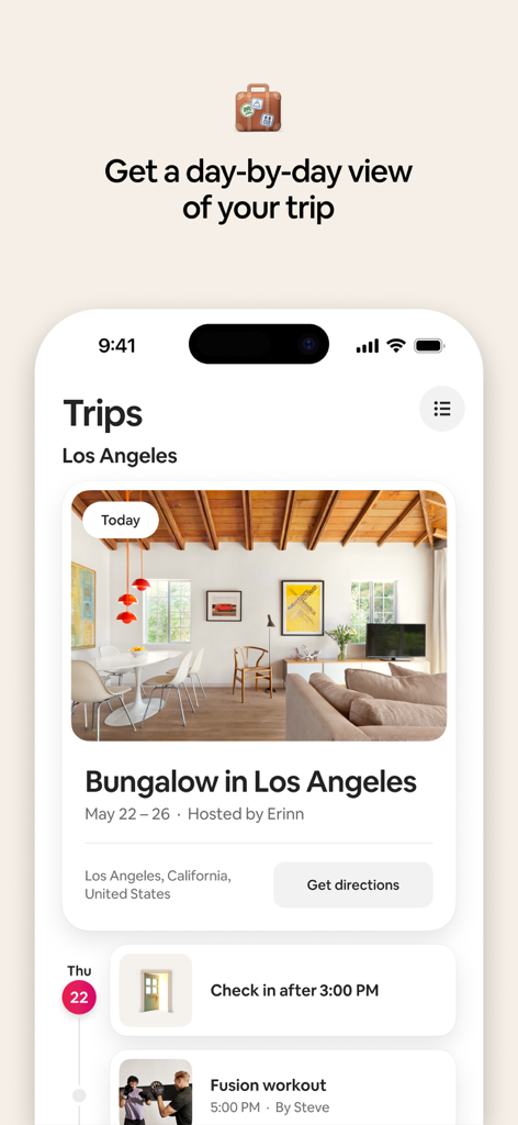 Tela do aplicativo Airbnb mostrando um roteiro dia a dia para uma viagem em Los Angeles.
