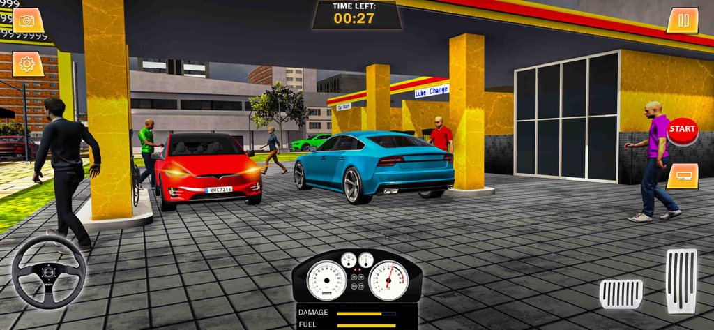 Gas Station Junkyard Sim Game - Captura de pantalla del juego Gas Station Junkyard Sim mostrando coches en bombas de combustible con tablero y controles