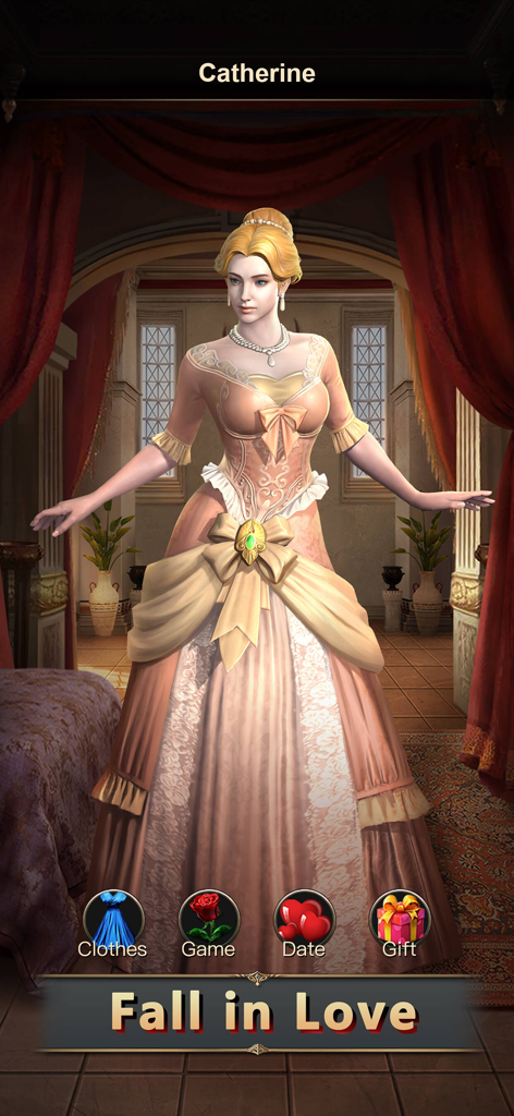 Road of Kings - Endless Glory - Character Catherine in a royal gown with Fall in Love text in Road of Kings game