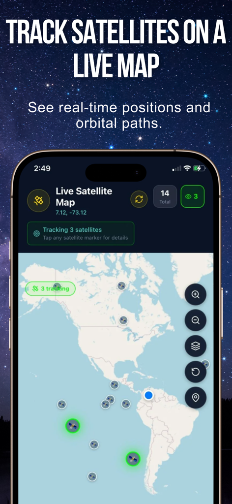 Satellite Tracker - Sky Map - A live satellite map showing real-time orbital positions and paths over a world map