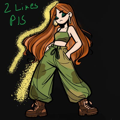 girl in baggy pants crop top and long hair