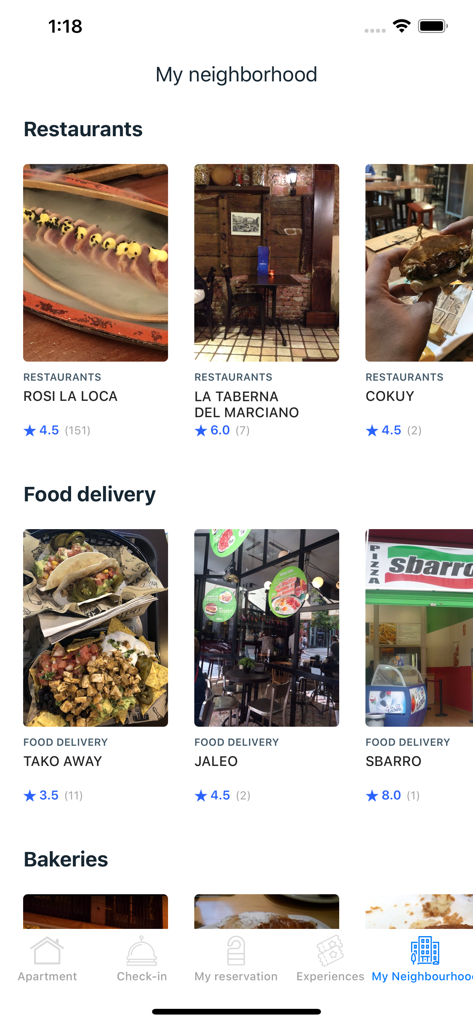 Staymyway app interface showing a neighborhood guide with local restaurant and food delivery recommendations