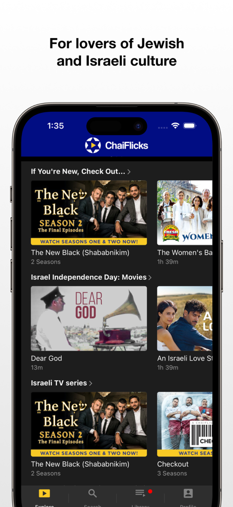ChaiFlicks mobile app home screen featuring a curated selection of Jewish and Israeli movies and TV series.