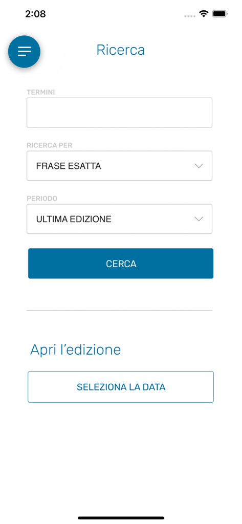 Prealpina - Search screen of the Prealpina app showing options to find news by keyword and date