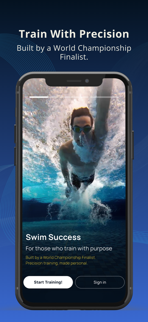 Swim Success: Swim Workout App - Swim Success app home screen featuring a swimmer underwater and the slogan Train With Precision