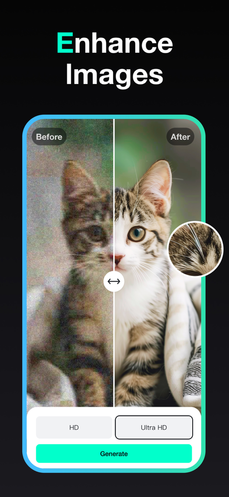 insMind: AI Photo Video Studio - A before and after comparison showing a blurry kitten photo transformed into high definition using AI image enhancement.