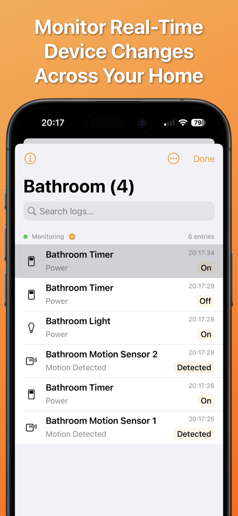 A screenshot of the HomeCare for HomeKit app showing a real-time event log for bathroom smart devices including timers, lights, and motion sensors with timestamps.