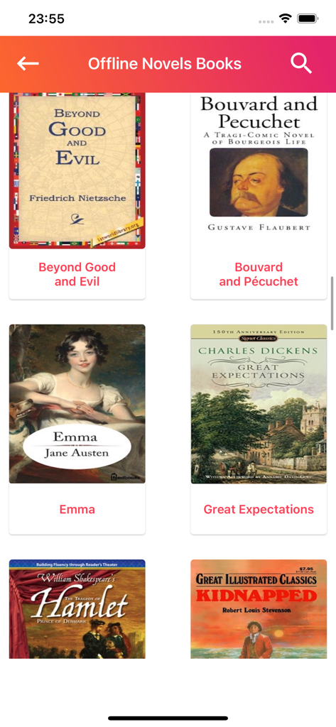 Schermata dell'app che mostra una collezione di romanzi inglesi classici disponibili per la lettura offline