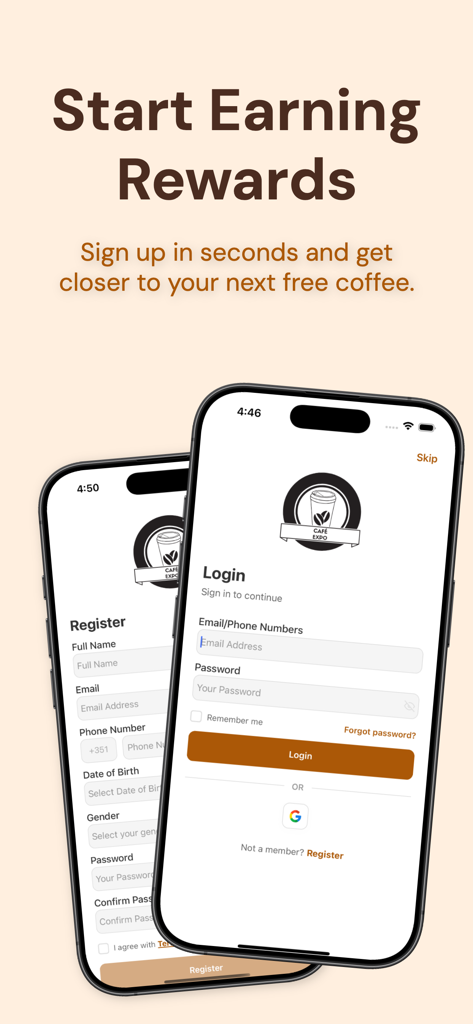 Café Expo - Cafe Expo app registration and login screens for coffee rewards