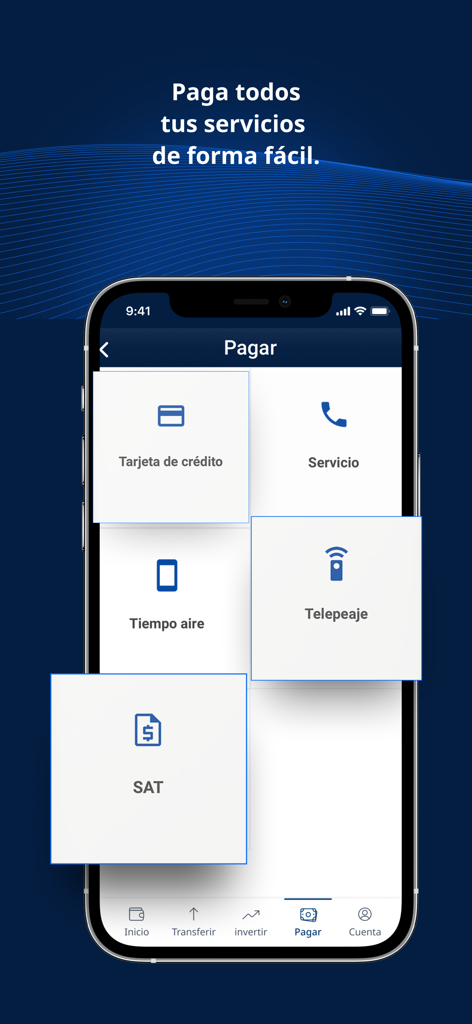 Actinver - Actinver mobile app interface showing various payment options including credit cards, services, mobile top-ups, tolls, and taxes.