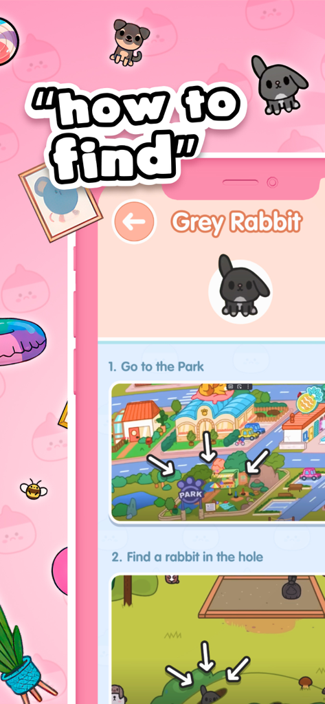 A step by step guide in the TB Master app showing how to find a grey rabbit in Toca Life World