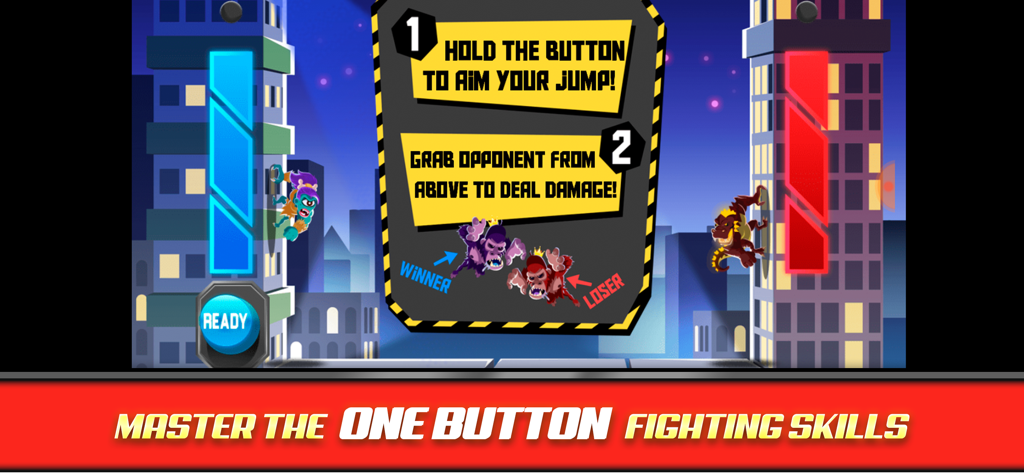 UFB Rampage tutorial screen explaining the one button jump and grab fighting mechanics on city skyscrapers